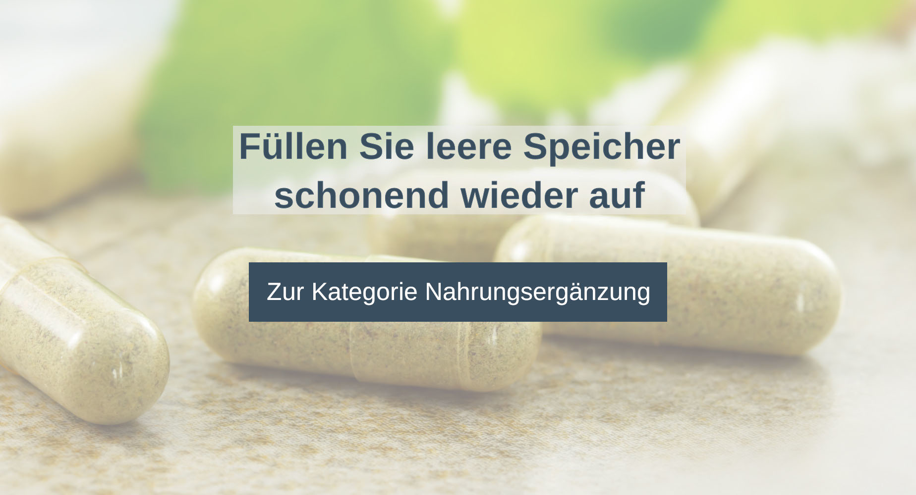 Grafik mit Pillen im Hintergrund. Text lautet "Füllen Sie  leere Speicher schonend wieder auf" Zur Kategorie Nahrungsergänzung