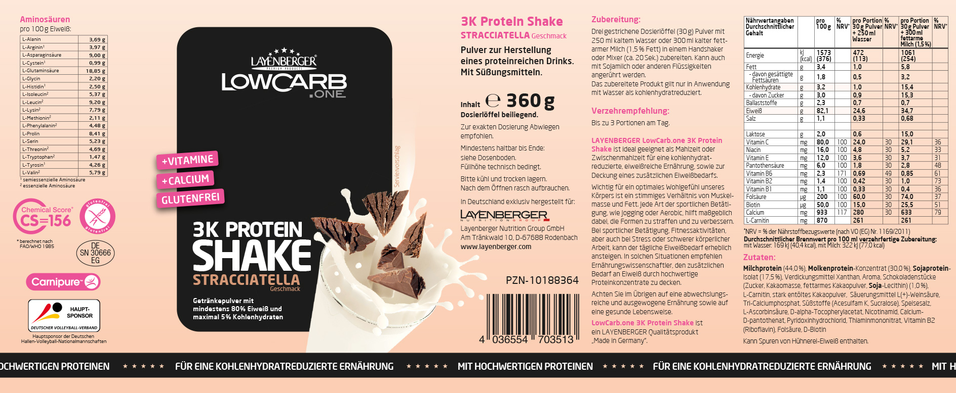LAYENBERGER LowCarb.one 3K Protein Shake Stracciatella 360g