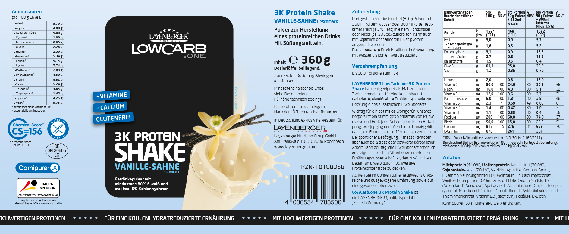 LAYENBERGER LowCarb.one 3K Protein Shake Vanille Sahne 360g